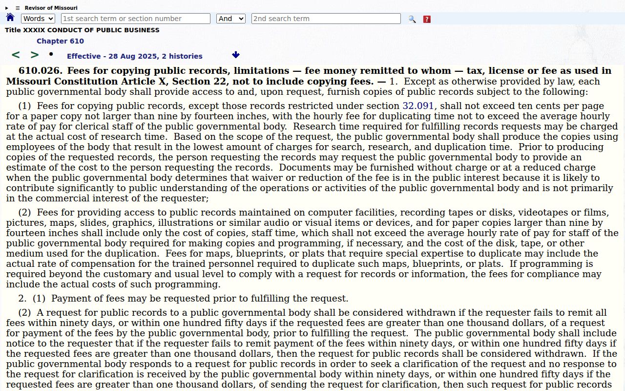 Carroll County court records copying cost reference under Missouri section 610.026