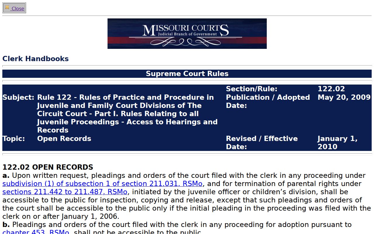Carroll County court records juvenile access limits under Missouri Rule 122
