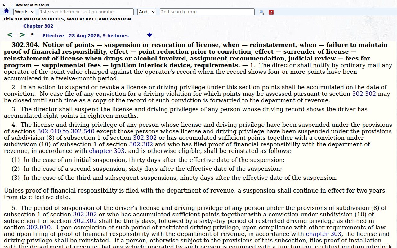 Carroll County traffic court records and Missouri section 302.304
